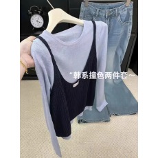 批发自留爆款推荐~韩系长袖针织<b class='q'>打底</b>衫慵懒镂空吊带<b class='q'>背心</b>两件套女秋季