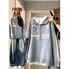 批发美式棒球服风高领开衫毛衣女国潮牌宽松复古秋冬季针织衫拉链外套