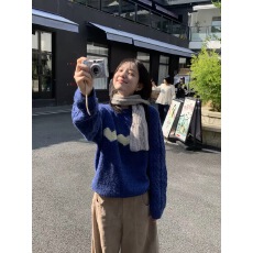批发韩系慵懒风显白宝蓝色麻花套头<b class='q'>毛衣</b>女2026秋冬新款爱心提花针织衫