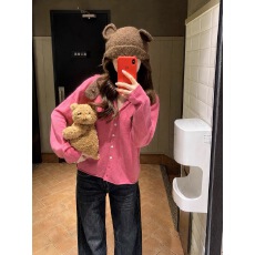 批发玫红色慵懒风连帽针织开衫早秋装女款2026新款多巴胺穿搭外套上衣