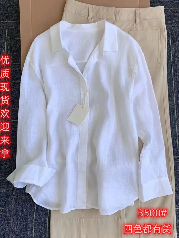 오래된 돈 바람 화이트 고급 아마 폴로 칼라 긴팔 여성 셔츠 여름 얇고 가벼운 미니멀리즘 패션 캐주얼 다용도 맨위