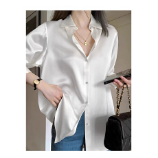 批发法式轻奢缎面白色衬衫女秋新款高级感宽松显瘦<b class='q'>防晒</b>衬衣设计感小众