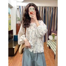 批发碎花泡泡袖雪纺蕾丝娃娃衫上衣女<b class='q'>夏季</b>薄款防晒设计感小众圆领衬衫