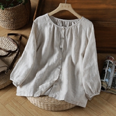批发日系复古亚麻七分袖衬衫女2026<b class='q'>夏</b>季简约宽松显瘦圆领棉麻小衫上衣