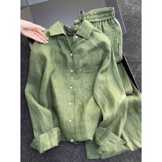 批发绿色棉麻polo长袖衬衫女<b class='q'>春</b>季2026新款高级感时尚轻奢减龄洋气衬衫