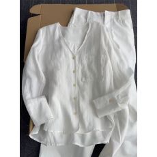 批发太太太好穿啦~！巨爱的亚麻白色衬衫简约百搭苎麻V领宽松防晒上衣