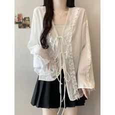 批发欧洲站高端荷叶边防晒开衫外套v领系带木耳边<b class='q'>长袖</b>衬衣