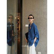 批发蓝色亚麻春季长袖衬衣女百搭<b class='q'>通勤</b>棉麻宽松防晒衬衫上衣