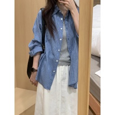 批发MISSMARM 韩系蓝色格子防晒衬衫女夏季薄款宽松慵懒休闲衬<b class='q'>衣外套</b>