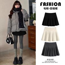 批发学院风半身裙毛呢百褶裙防走光秋<b class='q'>冬</b>新款显瘦高腰百褶短裙