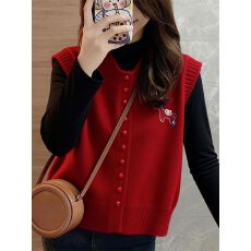批发实货　红色针织马甲女单排扣无袖背心<b class='q'>百搭</b>叠穿学院风秋冬外搭上衣