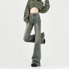 批发实货  设计感毛边<b class='q'>微喇</b><b class='q'>牛仔裤</b>女春夏季新款大码高腰显瘦复古喇叭裤