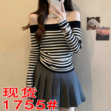 批发原版质量纯欲辣妹露肩<b class='q'>黑白条纹</b>针织长袖显瘦气质百搭打底上衣