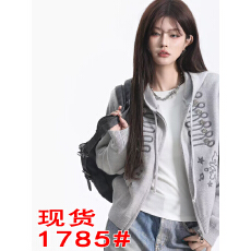 批发美式童趣短款连帽毛衣女小猫刺绣排扣双拉链针织外套