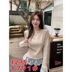批发官图实价不减蕾丝拼接v领打底衫<b class='q'>春</b>秋纯欲毛衣喇叭袖针织上衣