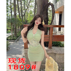 批发纯欲风修身绑带挂脖<b class='q'>连衣裙</b>女装夏季新款网纱蕾丝拼接短款包臀裙子