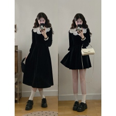 批发大码赫本千金风<b class='q'>撞色</b>蕾丝拼接丝绒<b class='q'>连衣裙</b>收腰长袖小黑裙生日礼裙