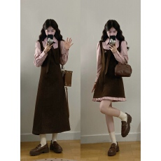 批发实拍大码胖妹妹显瘦复古感粉咖<b class='q'>衬衫</b>领背带连衣裙