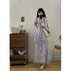 批发实拍大码法式气质紫色荷叶边碎花连衣裙吊带裙开衫套装女