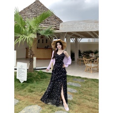 批发实拍大码碎花荷叶边吊带连衣裙浅紫色防晒针织开衫2026新款两件套