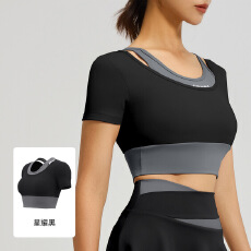 批发26款拼色假两件瑜伽<b class='q'>短袖</b>带胸垫<b class='q'>户外</b>训练运动上衣女（支持定制Logo