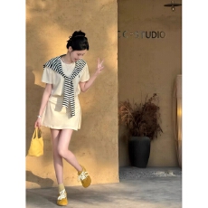 批发纯棉曼巴棉220克 套装女夏季韩系<b class='q'>时尚</b>减龄显瘦短袖裤裙休闲三件套
