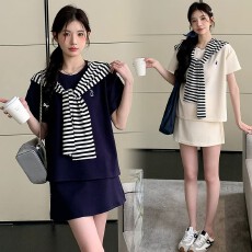 批发纯棉曼巴棉220克 套装女夏季韩系<b class='q'>时尚</b>减龄显瘦短袖裤裙休闲三件套
