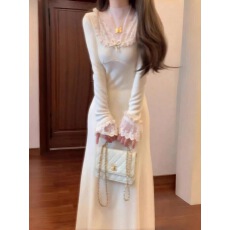 批发清晨雪梨法式温柔少女蕾丝网纱拼接 针织<b class='q'>连衣裙</b><b class='q'>气质</b>长裙