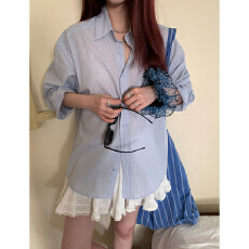 批发<b class='q'>纯棉</b>轻薄浅蓝条纹衬衫韩版宽松休闲单排扣长袖上衣女