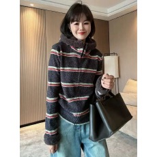 批发秋<b class='q'>冬</b>新款高级感颗粒绒修身显瘦半开领条纹连帽卫衣