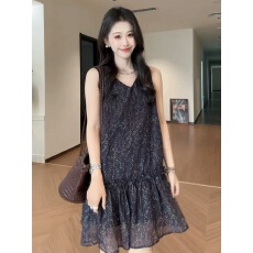 批发大码木耳边V领碎花遮肉显瘦无袖<b class='q'>背心裙</b>