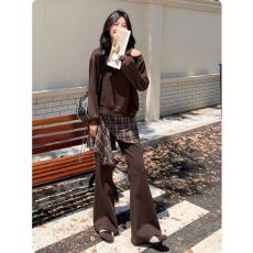 批发【曼巴棉】2025秋季韩系女复古拼接格子微喇裤显瘦拖地裤