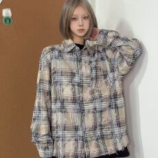 批发复古破坏毛边格子长袖衬衫男百搭学生<b class='q'>外套</b>女高级感美式翻领开衫衣
