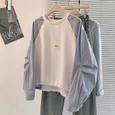 批发巨好看格子拼接长袖卫衣冬季新款<b class='q'>大码</b>女装胖mm设计感宽松遮肚上衣