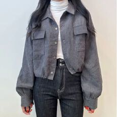 批发韩国chic秋季新款法式复古翻领双口袋复抽绳百搭长袖灯芯绒外套女