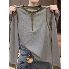 批发撞色半拉链<b class='q'>长袖</b><b class='q'>T</b><b class='q'>恤</b>女秋季新款胖MM显瘦设计感百搭打底衫上衣女