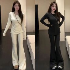 批发秋冬款穿搭一整套女时尚<b class='q'>休闲</b>修身显瘦开叉长袖T恤阔腿裤两件套女