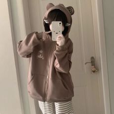 批发2025秋冬季日系可爱刺绣长袖连帽<b class='q'>卫衣</b>百搭新款<b class='q'>小熊</b>耳朵外套上衣女