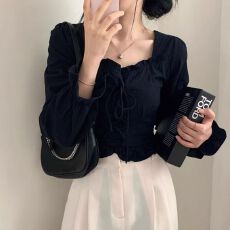 批发韩国chic法式方领系带<b class='q'>长袖</b><b class='q'>衬衫</b>女早春设计感修身显瘦别致小衫上衣