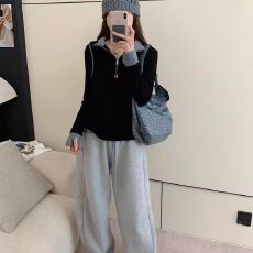 批发【徳绒1*1】拼色立领长袖<b class='q'>T</b><b class='q'>恤</b>韩版时尚设计感洋气百搭上衣