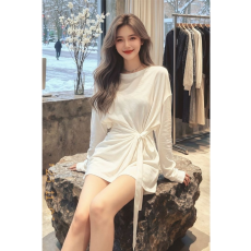 批发德绒1*1】圆领长袖绑带T恤女秋冬设计感大码收腰百搭小众打底上衣