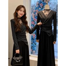 批发【徳绒1*1】韩系V领长袖女冬季不规则半高领蕾丝打底衫磨毛女上衣