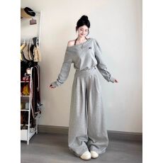批发气质斜肩短袖套装<b class='q'>女</b>夏学生宽松显瘦韩版时尚阔腿裤休闲<b class='q'>运动</b>两件套