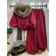 批发氛围感毛领连帽插肩袖套头<b class='q'>卫衣</b>高腰显瘦抽绳阔腿裤休闲<b class='q'>加绒</b>两件套