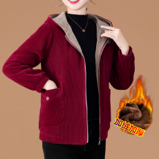 批发高档<b class='q'>秋</b>冬灯芯绒外套2025新款条绒连帽上衣中老年妈妈女士加绒加厚