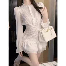 批发秋季荷叶边长袖雪纺衬衫连衣裙夏季褶皱气质高级感<b class='q'>收腰</b>仙女短裙子