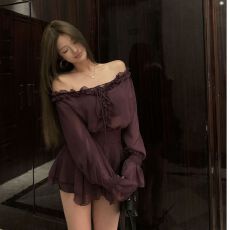 批发一字领紫色长袖雪纺衬衫女夏季<b class='q'>收腰</b>显瘦气质衬衣设计感露肩小上衣