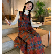 批发学院风日系可爱格子过膝背带裙秋冬季气质显瘦<b class='q'>长袖</b>打底衫两件套女
