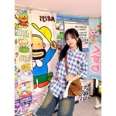 批发夏季学院风人物刺绣<b class='q'>格子</b>短袖衬衫男女设计感潮牌宽松休闲衬衣<b class='q'>外套</b>