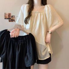 批发法式不规则超仙短袖<b class='q'>雪纺衫女</b>夏<b class='q'>大码</b>胖mm独特超好看娃娃衫流行上衣